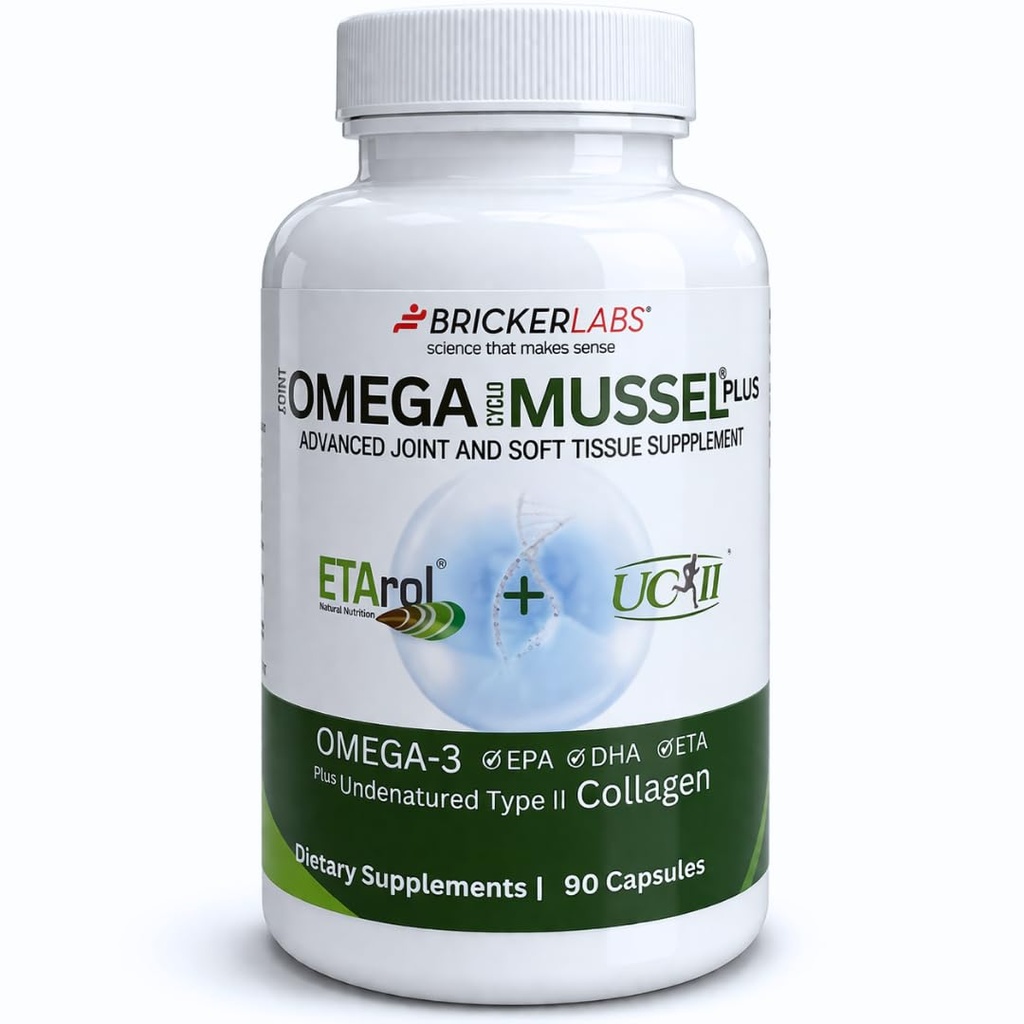 Bricker Labs Omega Cyclo - Mussel Plus UC-II, Premium NZ Green Liped Mussel Plus UC-II Nedenaturēts II tipa kolagēns, Ultimate locītavu papildinājums kopīgai veselībai un komfortam, 90 kapsulas