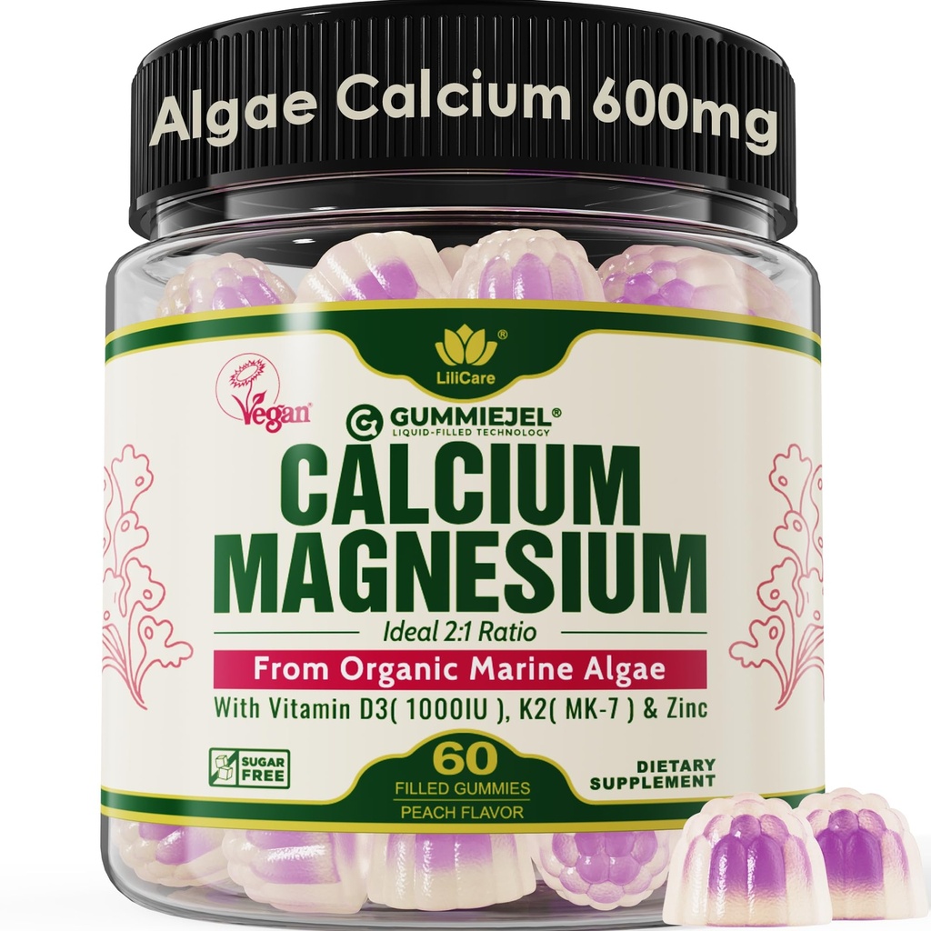 Augu balstīta kalcija Gumijas 600mg ar vitamīnu D3 K2, Magnijs, Cinka kaulu stipruma, bezcukura kalcija piedevas sievietēm un vīriešiem (Sertificēts Vegan) no ilgtspējīgi organisko sarkano Aļģu - 60 skaitļi