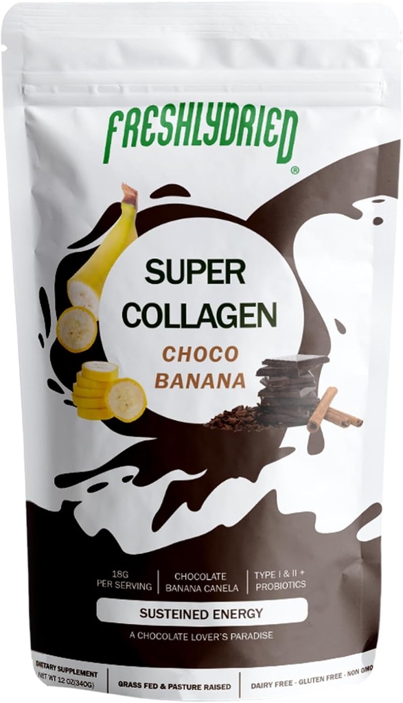 Svaigi žāvēti kolagēna peptīdi un ChocoBanana pulveris – Atbalsta matus, ādu, nagus, kaulus un locītavas – I un III tipa zāles-Fed kolagēns + probiotikas – Šokolāde Banana Cinnamon Flavor – 10 Kalpojumi, 6 oz