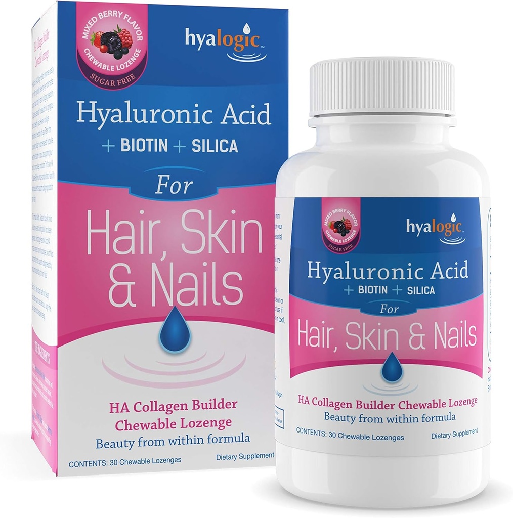 Hyalogic Hairs āda un nagus Hyaluronic Acid Collagen Builder – Delicious Berry Flavored kolagēna Boost košļājamās Lozenges – bez cukura Vegan kolagēns Ideāls, lai uzlabotu savu dabas skaistumu – 30 grāfs
