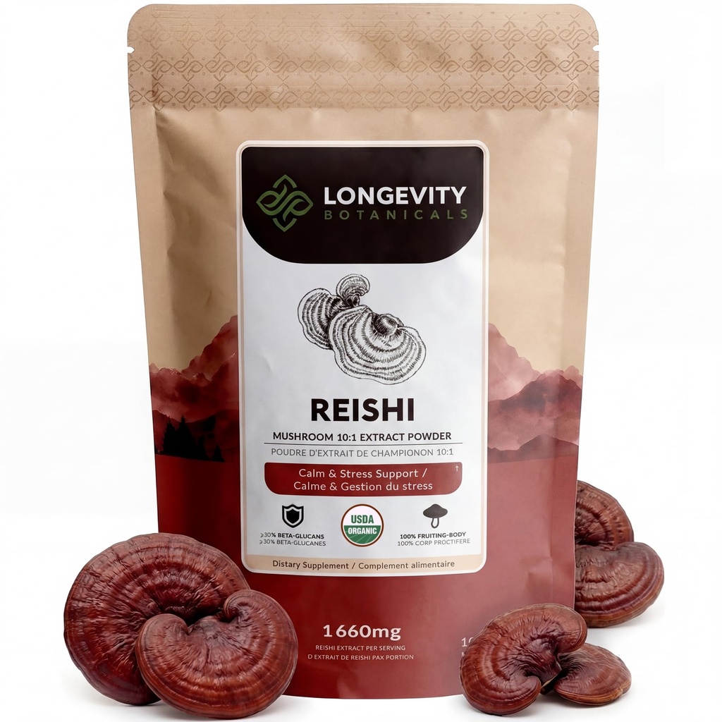 Longevity Botānika Organic Reishi Sēņu ekstrakts 100g Koncentrēts 10:1 Attiecība 