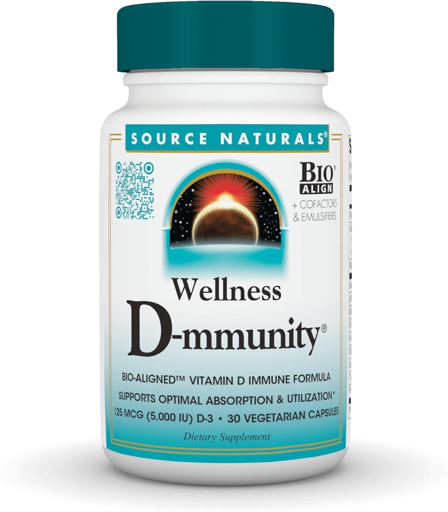 Avots Naturals Wellness D-mmunity, Bio-Aligned D vitamīna Imūnformula, atbalsta optimālu absorbēšanu un izmantošanu*, 125 μg (5 000 SV) D-3-30 Veģetārās kapsulas