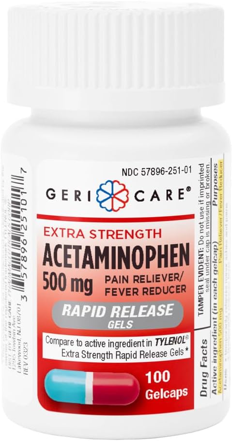 Gericare Extra Strength Acetaminofēns 500mg Ātra atbrīvošanās Gelkapi, sāpju atvieglošana 100 skaitīšana (1. iepakojums)