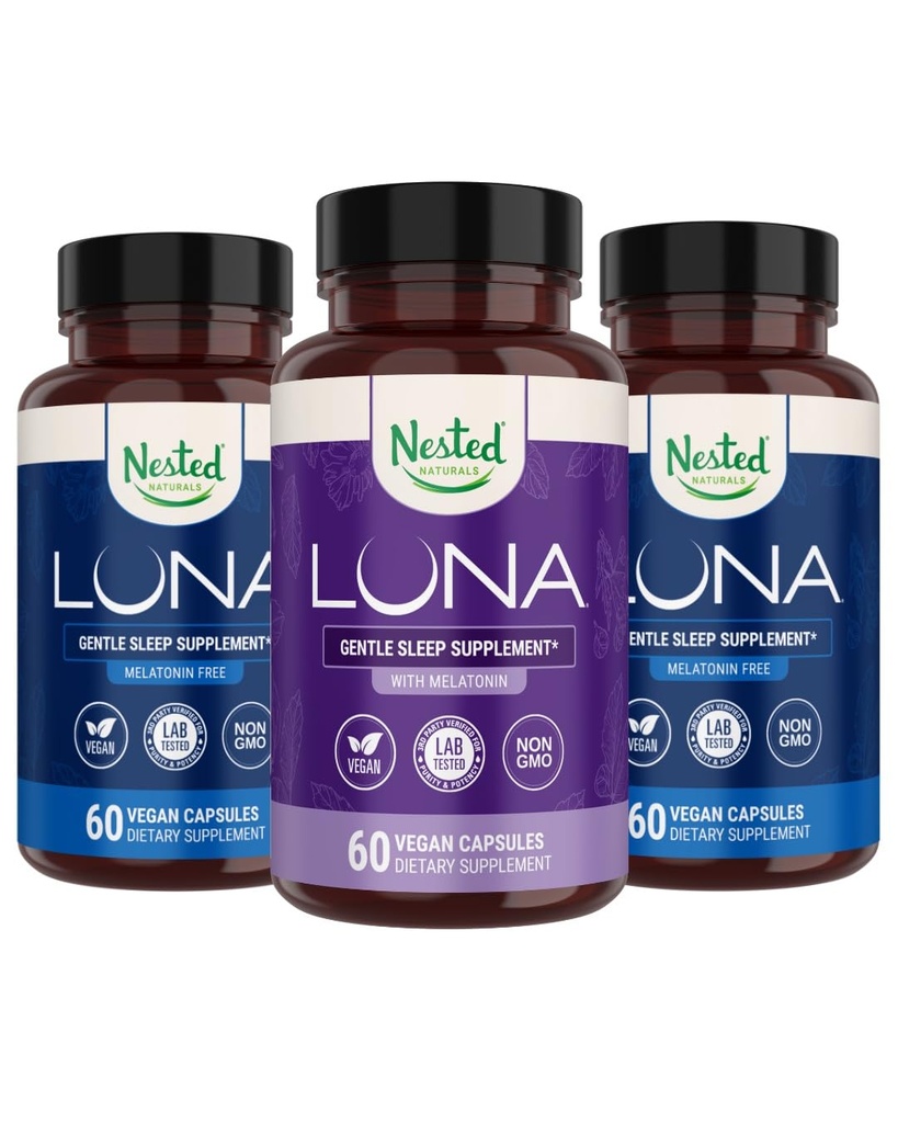 Nested Naturals Luna Melatonīns-free (120 Vegan kapsulas) & Luna dabas miega palīglīdzeklis ar melatonīnu (60 Vegan kapsulas) dziļam miegam        ) Ne-Habit Formēšana