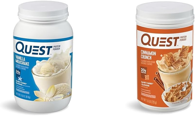 Quest Nutrition Vanilla Milkshake Olbaltumvielu pulveris, 24g olbaltumvielu, 1g cukura, ar zemu ogļhidrātu saturu, bez lipekļa, 3 mārciņas, 43 porcijas un cinamon Crunch Olbaltumvielu pulveris, 20g proteīns, 2g Neto ogļhidrāts, 1g cukura
