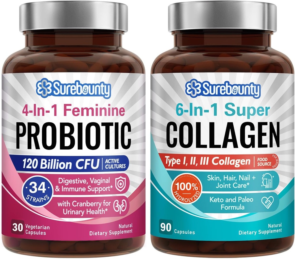 Probiotika + kolagēna paka, 4-in-1 sievišķīgā probiotika (30ct) un 6-in-1 superkolagēns (90ct), 2 iepakojumi, dzērvenes, gremošanas un veselīgs novecošanas atbalsts, ne-GMO