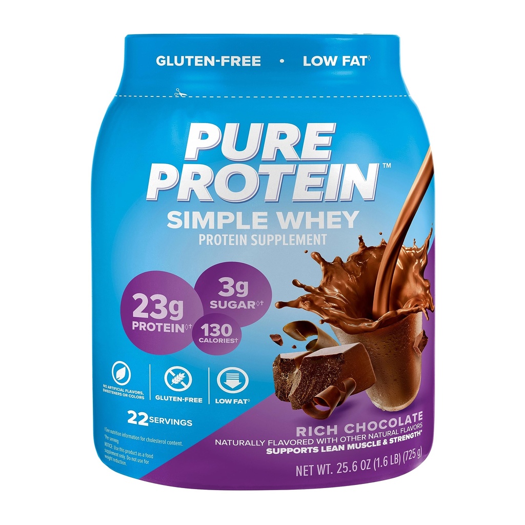 Pure Protein Simple Sūkalu Olbaltumvielu pulveris, bez lipekļa, 23G Olbaltumvielas, bagāts Šokolāde, 1.6lbs
