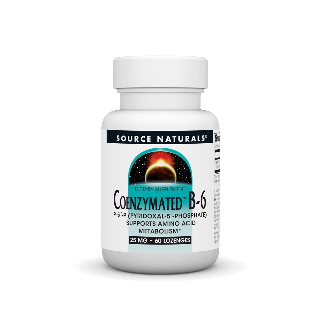 Avots Naturals Koenzimēts B-6 25mg P-5 Piridoksāls-5 Fosfāts ātri iedarbojas, Ātri izšķīdina vitamīnus, kas uztur aminoskābju metabolismu* - 60 Lozenges