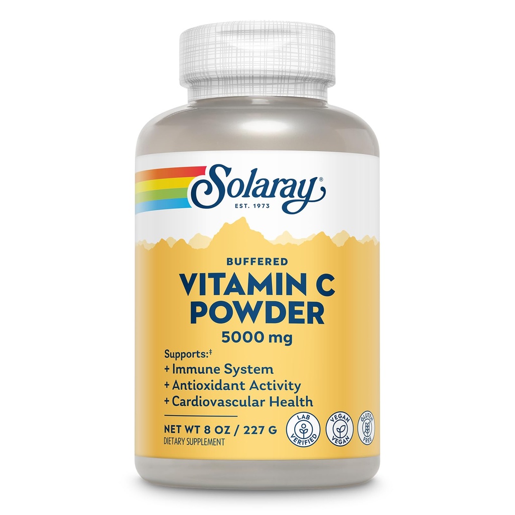 Solaray C vitamīns Askorbīnskābe Pulveris 5000mg - Pulveris C vitamīns Papildinājums vīriešiem un sievietēm, Imūnās un ādas atbalsts, Natural Antioxidant, Sajaukt ūdenī, sulas, vai Gludināšanas, Vegan - 8oz