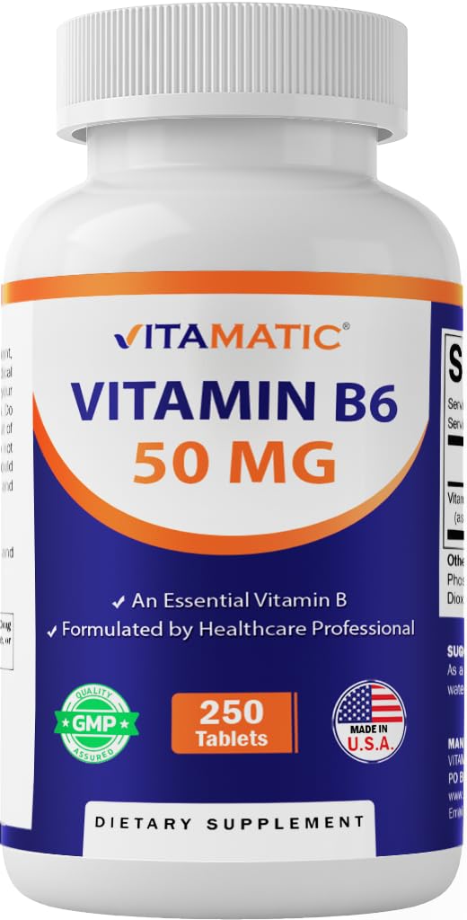 Vitamatic vitamīns B6 (Pyridoxine HCI), 50 mg 250 Veģetārās tabletes - veicina enerģijas ražošanu, palielina vielmaiņas un imūnās veselības atbalsts