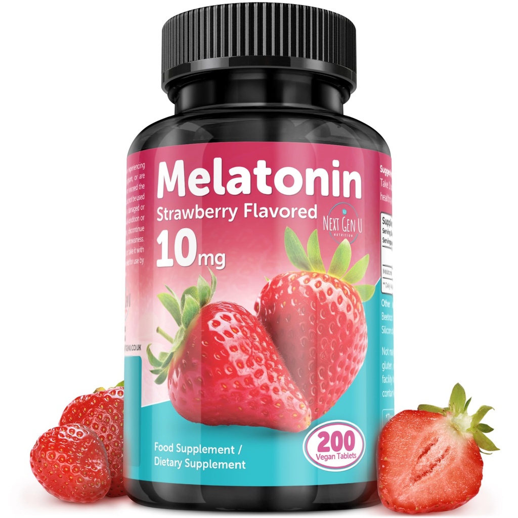 Melatonīna tabletes - 10 mg uztura bagātinātāji - zemeņu aromatizētas - 200 Vegan tabletes - pēc NextGenu
