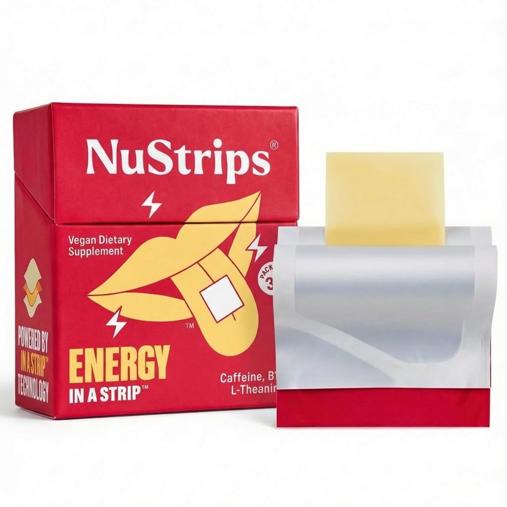 NuStripsTM Ātri šķīstošas enerģijas lentes ar 50 mg kofeīna, L-teanīna un vitamīna B12 – Instant Enerģija un Fokuss bez džitriem vai avārijas – Darbi ātrāk nekā kafija – nomierinošs kanēlis (30 Pack)