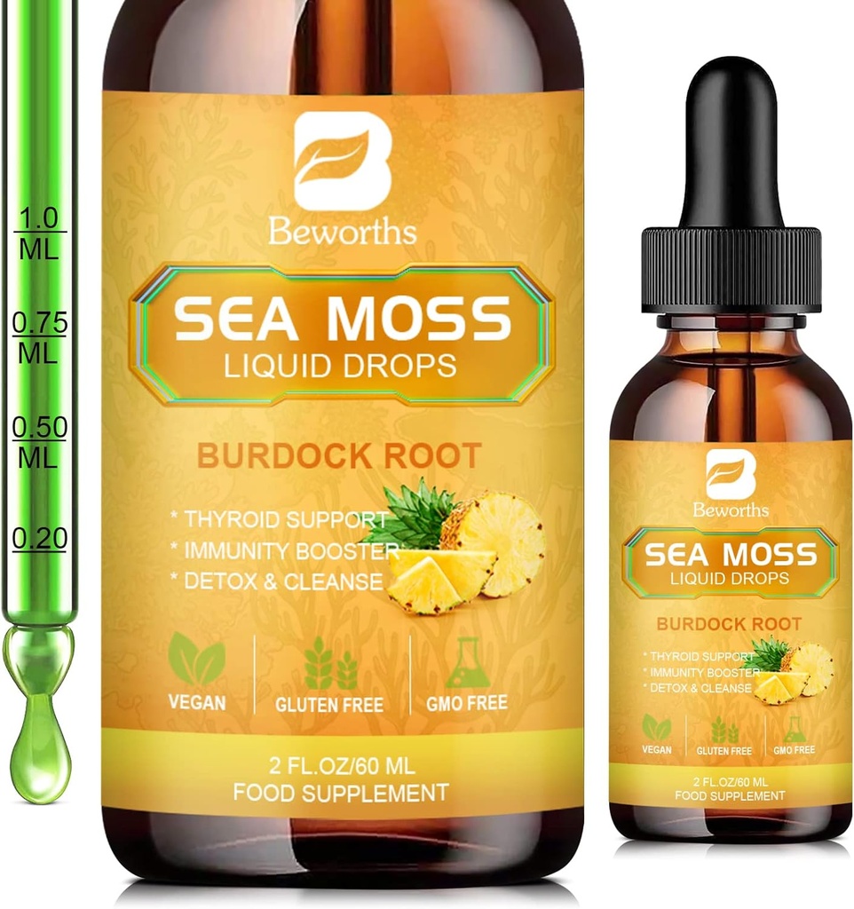 Sea Moss Liquid Drops - Organic Irish Sea Moss Gel ar Spirulina, Bladderwrack, Burdock Root, Pinaple Seamoss Gel papildinājums savienojumam, Detox Cleanse & Digestion Support - 2 Fl Oz, Vegan