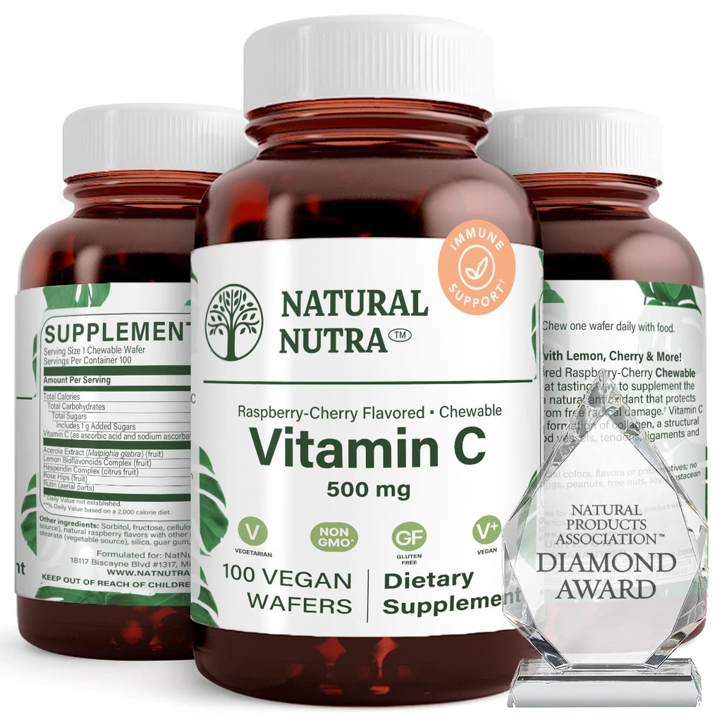 Dabas Nutra vitamīnu C papildinājums bērniem un pieaugušajiem, Imūnās Revakcinācijas, palīdz atbalstīt kaulu veselību, aizsargāt ādas un sirds veselību, augu avots, 500 mg, 100 Vegan Wafers