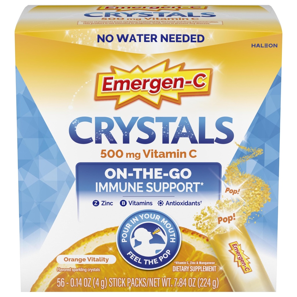 Emergen-C kristāli, on-the-Go Emergen-C Imūnās atbalsta papildinājums ar C vitamīnu, B vitamīniem, cinku un mangānu, Orange Vitality - 56 Stick iepakojumi