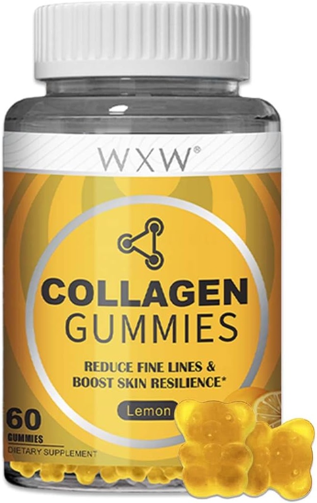 WXW Hidrolizēti kolagēna peptīdi Gumijas sievietēm, ne-GMO anti-Aging formula ar biotīnu, cinku, vitamīniem C & E matiem, ādai un nagiem; 60ct, Lemon Flavor
