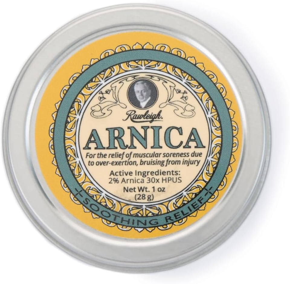 Rawleigh Arnica nomierinošs Balzams: 1 oz, 2% Arnica 30X HPUS, Dabiskā formula muskuļu sāpīgums, pārmērīgas slodzes Brusing, Absorbs Ātri, Non Greasy, Travel-Draudzīgs Tin - iepakojumā 1