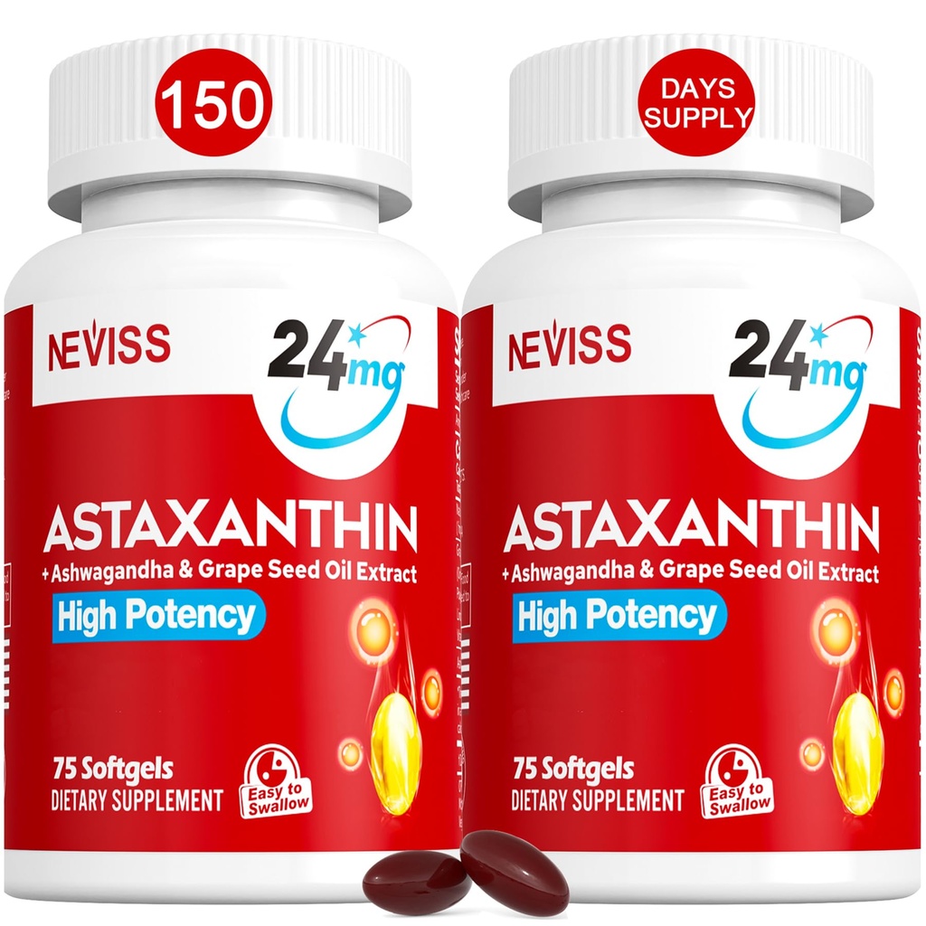Astaksantīna papildinājumi 24mg, 5 mēnešu piegādes - Coconut MCT Eļļa, svaigas mikroaļģes Avots w/Grape sēklu eļļa, Ashwagandha - Antioksidanti veselīgai ādai, acīm, novecošanās - bez GMO un lipekļa, 150 softgeli