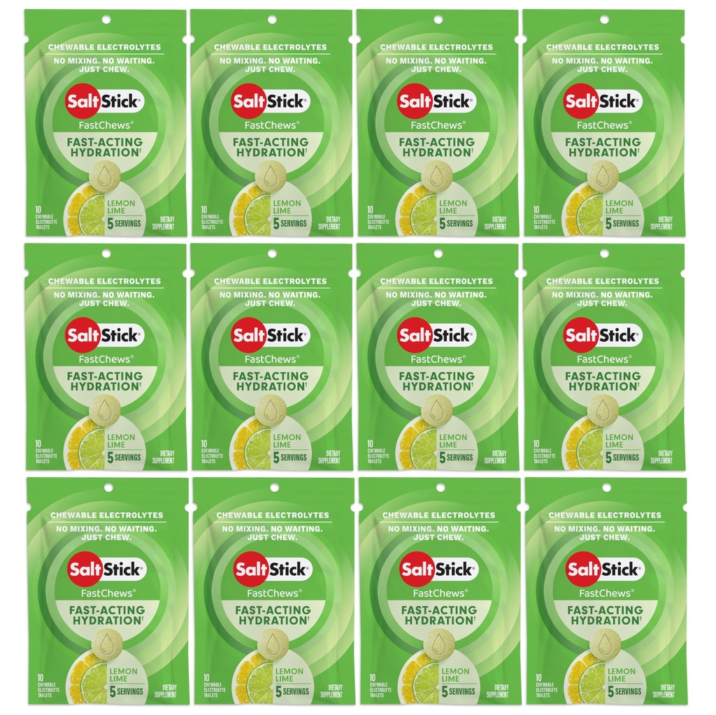 SaltStick Electrolyte FastChews Košļājamās tabletes, Citron Laims, 120 skaits, 12 iepakojumi pa 10 tabletēm katrā