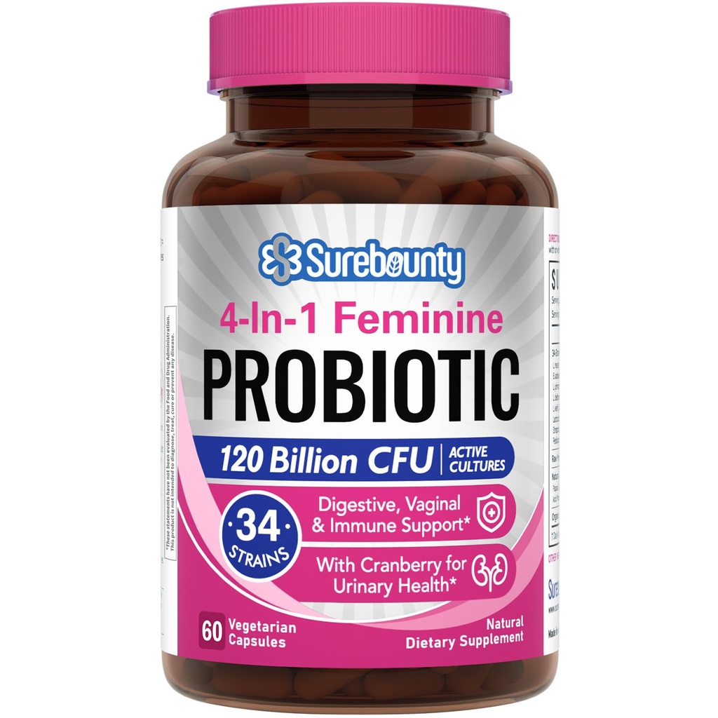 Probiotikas sievietēm, 120 miljardi KVV 34 celmi, prebiotikas, gremošanas enzīmi, dzērvenes, 4-in-1 sievišķā probiotika, gremošanas, maksts, imūnsupport, 60ct