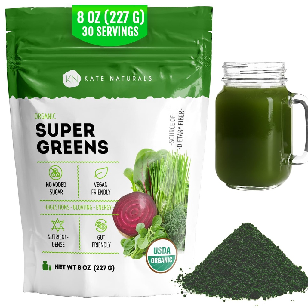 Kate Naturals Organic Super Greens pulveris. Ikdienas zaļie Superfood Blend ar probiotikas un Fiber Gludumu un sulu (30 Kalpo, 8oz, Natural)