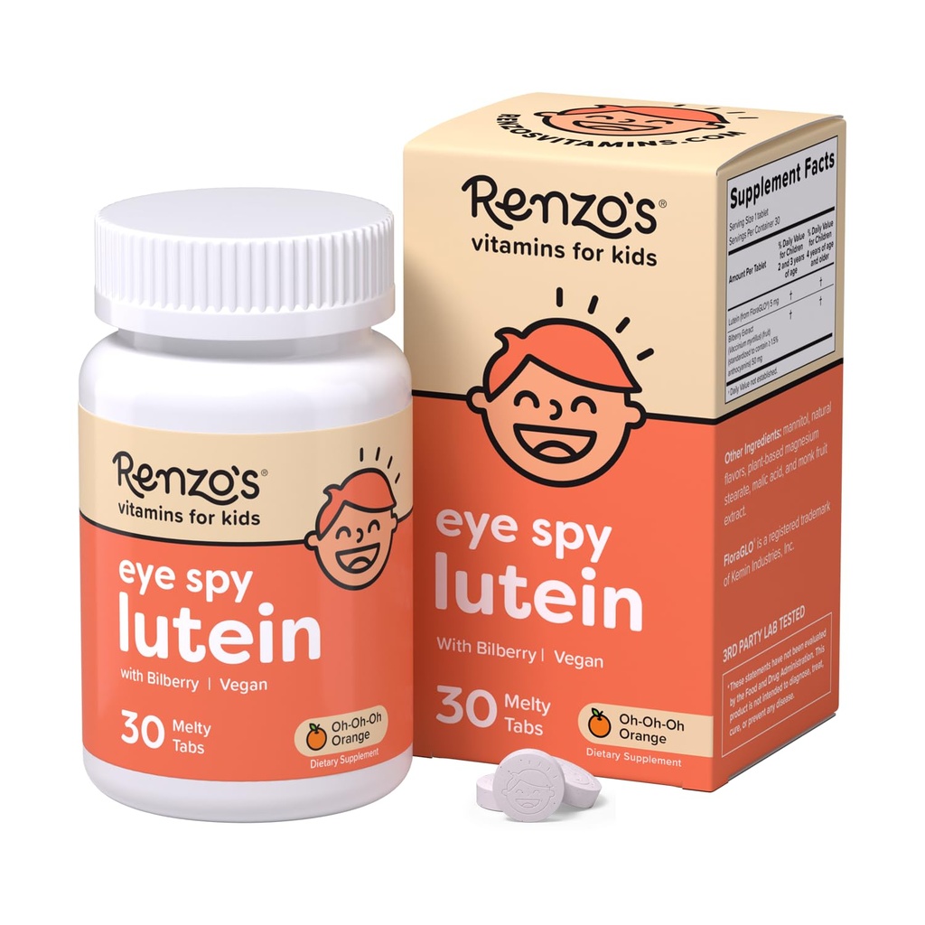 Renzo acu spy Lutein ar Melleņu ekstraktu, šķīdināmiem bērniem Vitamīni acu veselībai, bezcukura piedevas, 30 Apelsīnu-Flavored Melty Tabs