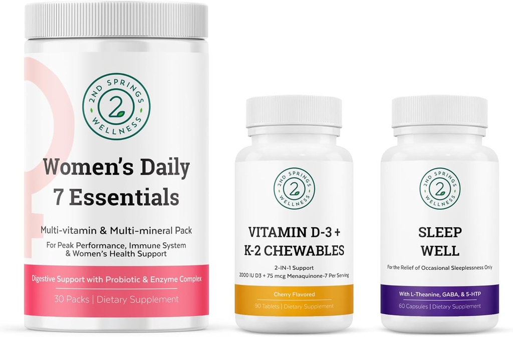 Sieviešu ikdienas 7 Essentials, vitamīns D3 + K2 Košļājamie un miega labi Bundle