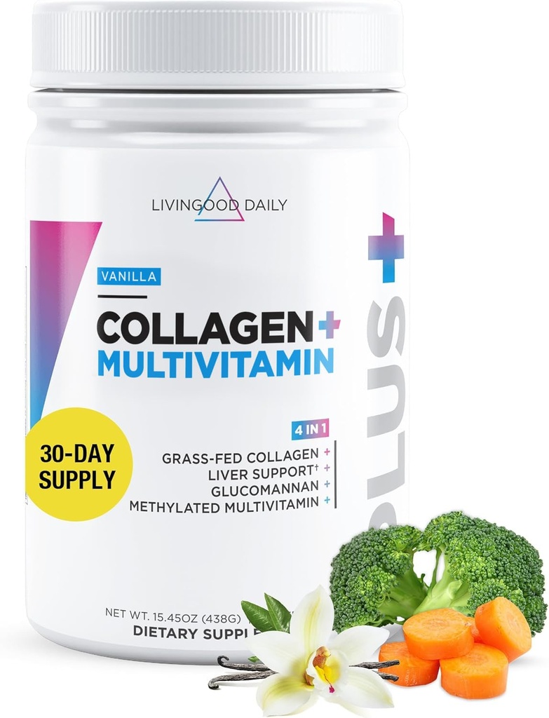 Livingood Daily kolagēna pulveris sievietēm un vīriešiem, Vanilla, zāles kausēts proteīns, hidrolizēti kolagēna peptīdi ar C vitamīnu un vairākiem vitamīniem matiem, āda, nagu un zarnu veselība, bez lipekļa, 30 Kalpo