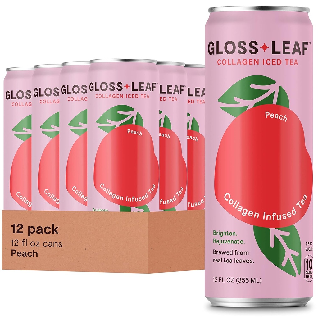 Gloss Leaf kolagēna ledus tēja (Zero-Cugars, persiks): vārīta melnā tēja ar kolagēna peptīdiem un C vitamīnu, skaistums un anti-Aging, 12 Fl Oz, 12 Pack