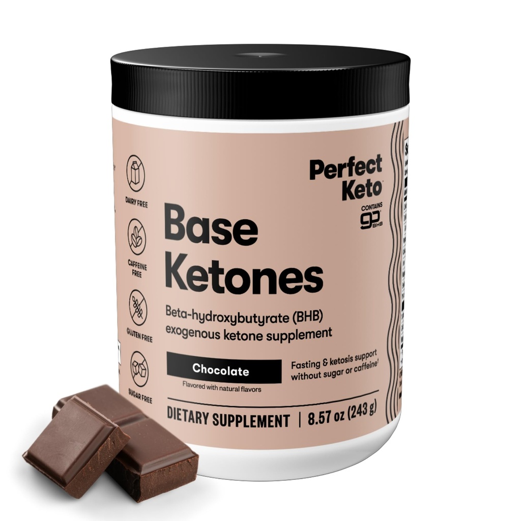 Perfect Keto eksogēnais ketonu pulveris, BHB sāļi Ketozes un tukšā dūšā palīglīdzekļi, Elektrolīti hidrācijai, Bezkofeīna enerģija, Šokolāde, 8.57 oz