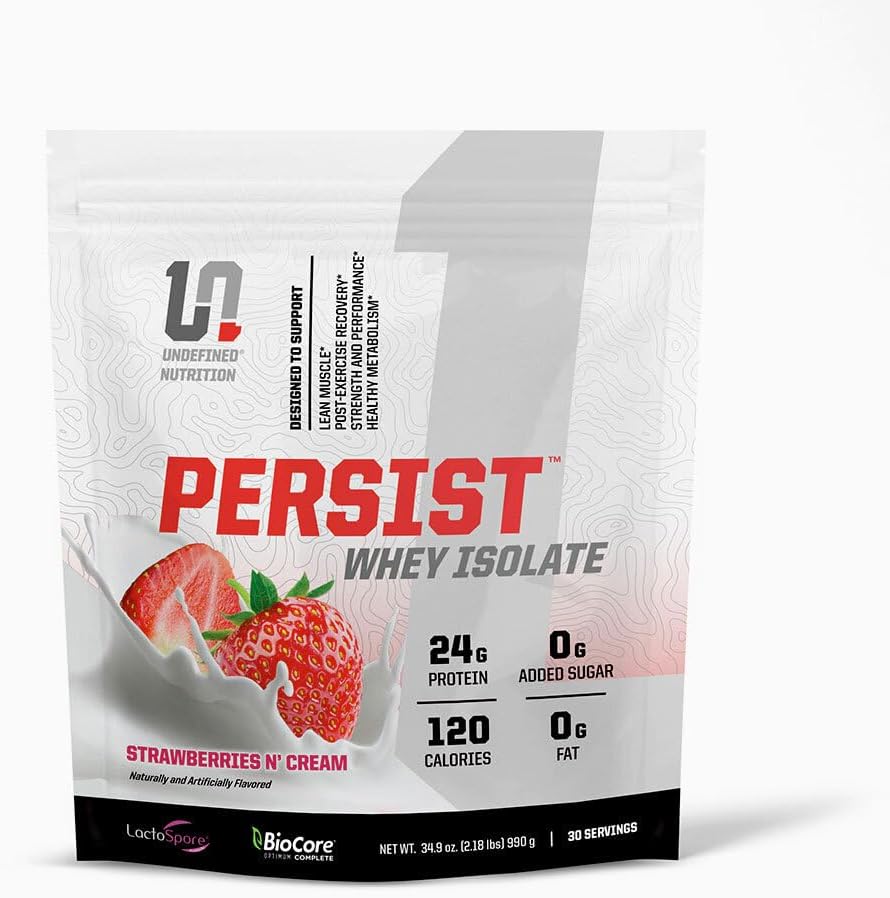 Nedefinēts uzturs Persist Whey Izolate ar Brian Shaw - 24g Olbaltumvielas, 30 Kalpojumi – Atbalsta Atkopšanās, Stiprums & Veiktspēja - Gluten bezmaksas, Ātra Absorbēšana (2,18lbs, Zemenes N' Cream)