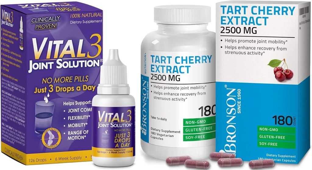 Bronson Vital 3 Locītavu šķīdums® Klīniski pierādīts Šķidrs Knee Relief papildinājums Tart Ķiršu ekstrakts 2500 mg Veģetārās kapsulas