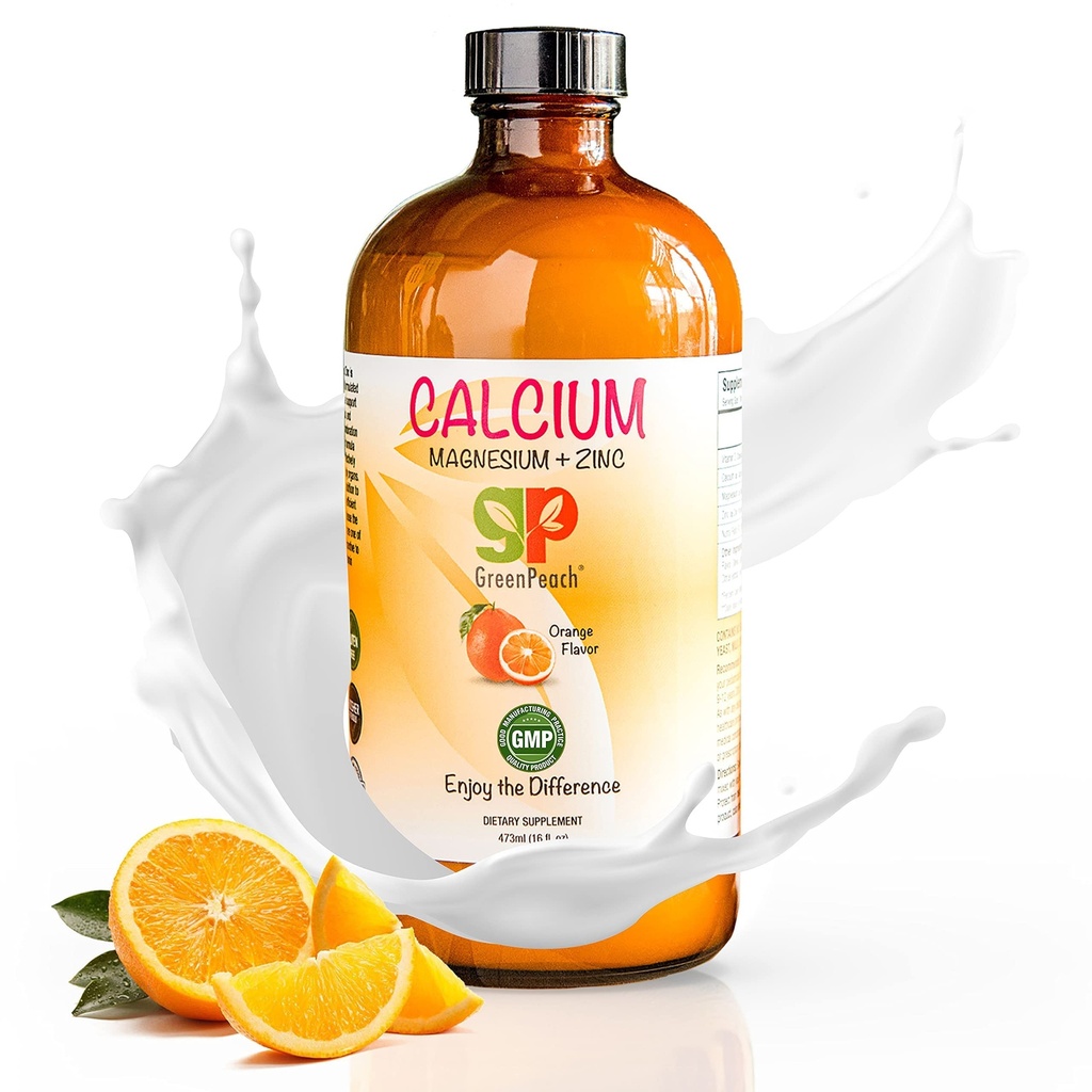 ZaļšPeach Organic Šķidrs Kalcijs bērniem - Magnijs, Cinks, Kalcija Citrāts & Vitamīns D3 Kalcinēts Sīrups & Šķidrs kalcija papildinājums, NO Cukurs NO Mākslīgie Flavori, Veģetārs Halal Kosher
