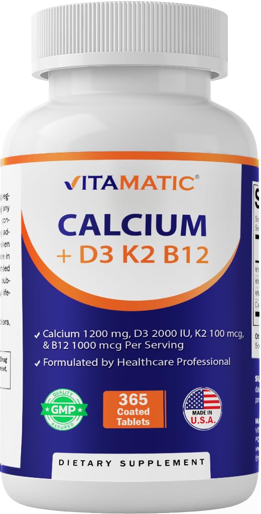 Vitamatiskā kalcija papildinājums 1200mg ar D3, K2 & B12, Imūnās un kaulu veselības atbalsts - 365 apvalkotās tabletes