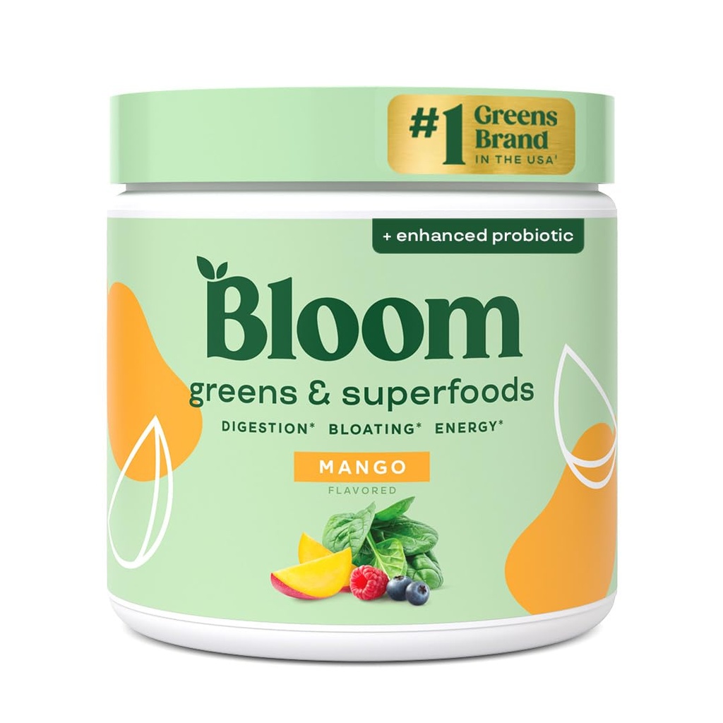 Ziedu uzturs Superfood Greens Pulveris, Gremošanas enzīmi ar probiotikām un prebiotikām, Gut Health, Bloating Relief sievietēm, Hlorella, Green Juice Mix ar bišu saknes pulveri, 30 SVG, Mango