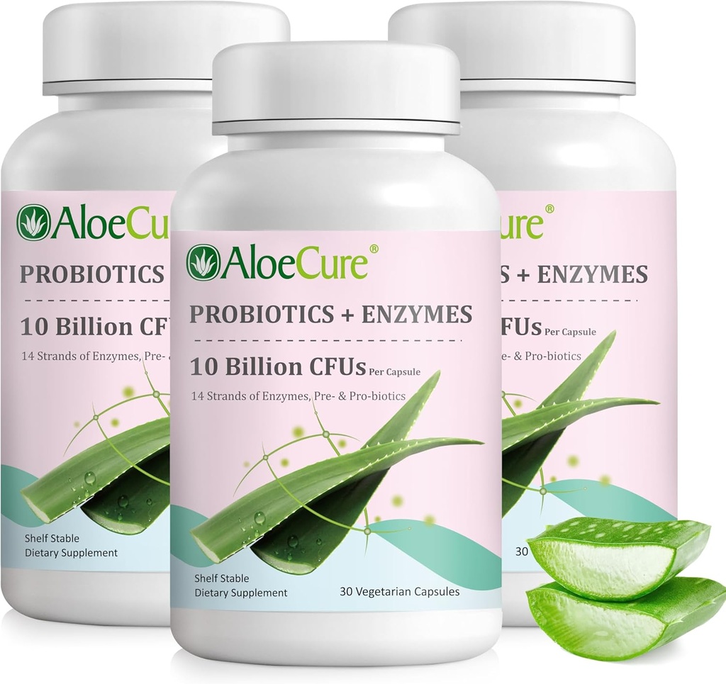 AloeCure Daily Probiotics 10 miljardi KVV gremošanas atbalstam 8 celmi, 6 Prebiotikas un enzīmi - Gremošanas papildinājums ar Bromelain sievietēm un vīriešiem - Gut atbalsts, Gremošanas atvieglojums, 30 Caps x 3btls