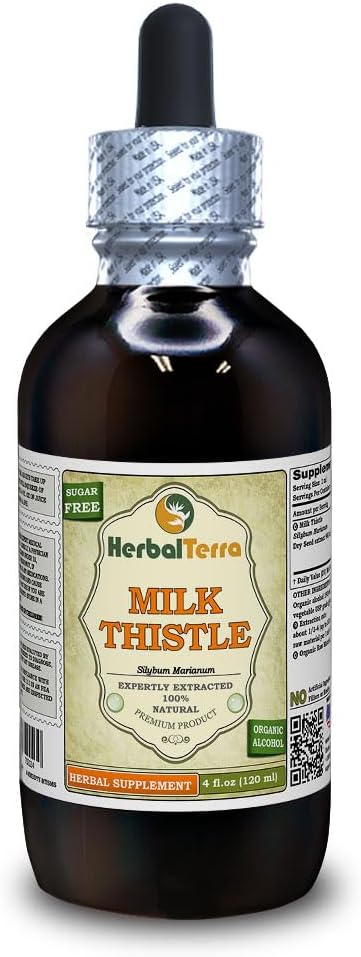 Piena dadzis (Silybum Marianum) Tinktūra, Organiskās žāvētas sēklas Šķidrais ekstrakts (Zirgu nosaukums: HerbalTerra, Proudly Made in USA) 4 fl.oz (120 ml)