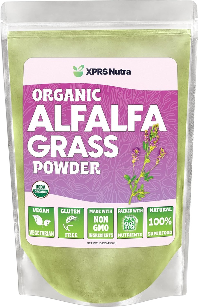 XPRS Nutra Organic Alfalfa pulveris - Premium Vegan papildinājums, kas bagāts ar kalciju, antioksidantiem, vitamīniem - Lauksaimniecības papildinājums bērniem un pieaugušajiem - Vegan Friendly Alfalfa Leaf (16 Ounce)