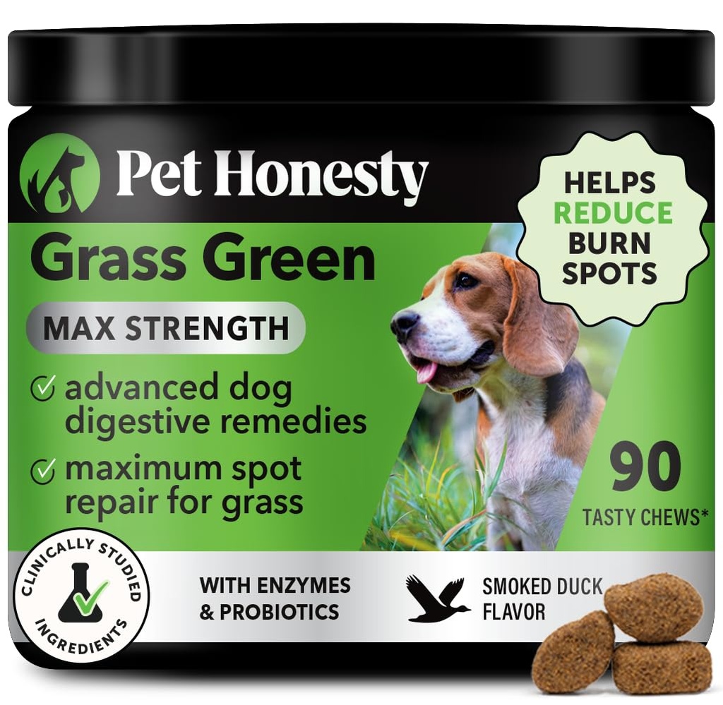 Zāles zaļā Max Strength Chews suņiem – Premium Suņu Urine Lawn Spot Saver Papildinājums – Atbalsta Veselīga Gremošana, Gut & Urīna Veselība ar Probiotikām, DL-Metionīns & Yucca (90ct Duck Flavor)