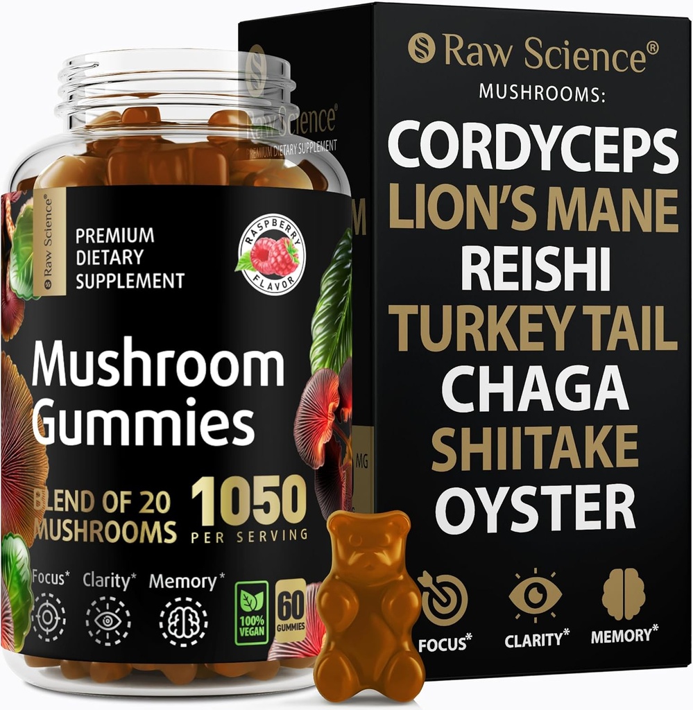 Sēņu komplekss Gumijas ar Lions Mane, Nootropic Brain Papildinājumi Atmiņas un Fokusa: Lion's Mane, Cordyceps, Shiitake, Turkey Aste, Reishi, Chaga, Enoki, Oyster Sēņu Papildinājums - 60 vienības