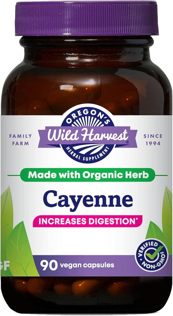 Oregonas savvaļas ražas ne-GMO Cayenne kapsulas, organiskās augu bagātinātāji, 90 Skaits