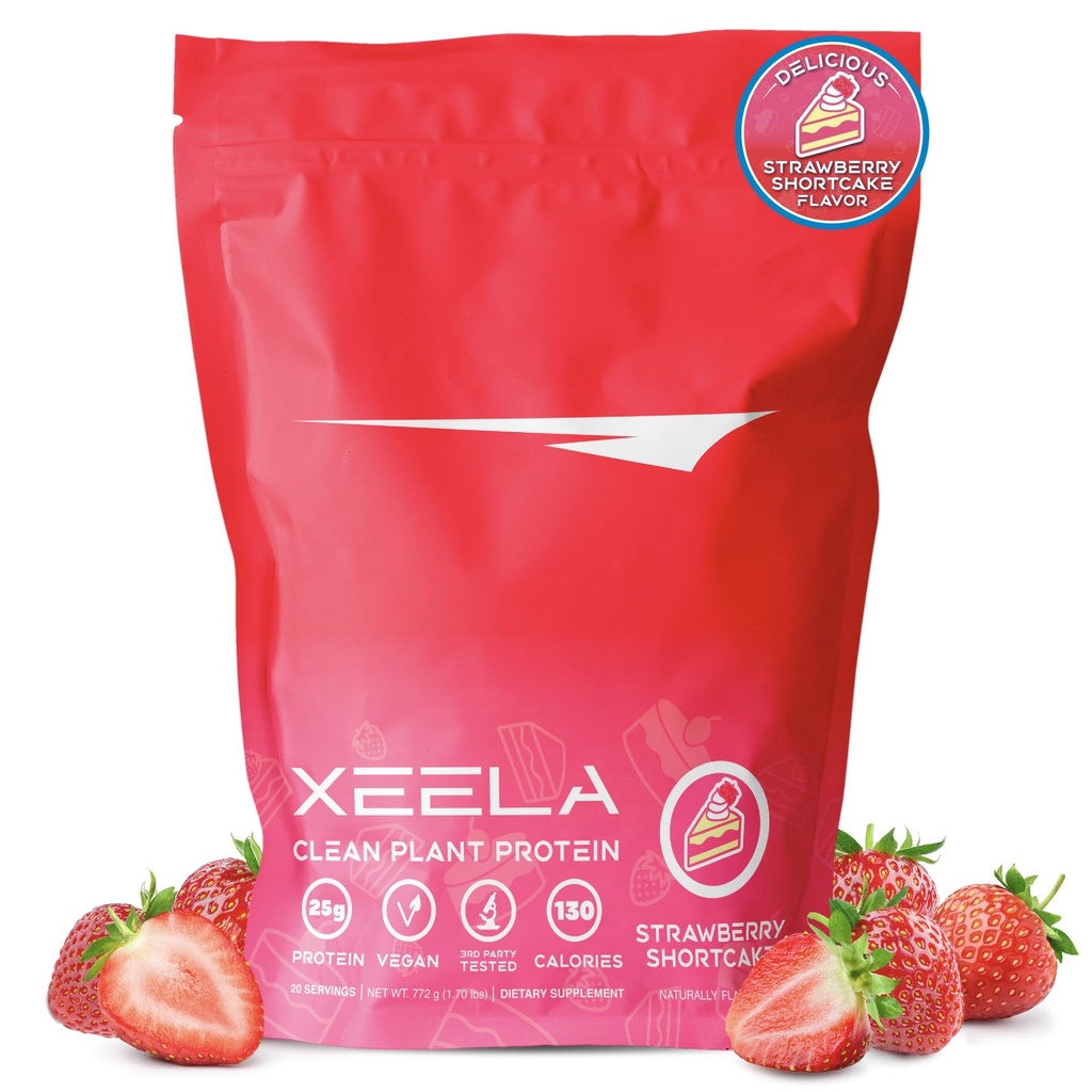 XEELA Augu bāzes Vegan proteīns pulveris - Neatkarīgi pārbaudīts - 25g augsts proteīns, pīļu proteīns vīriešiem un sievietēm - Vitamīni un minerālvielas, neĢMO, piena un glutēna bez, zemsCarb & zemsFat (Zemeņu kūka)