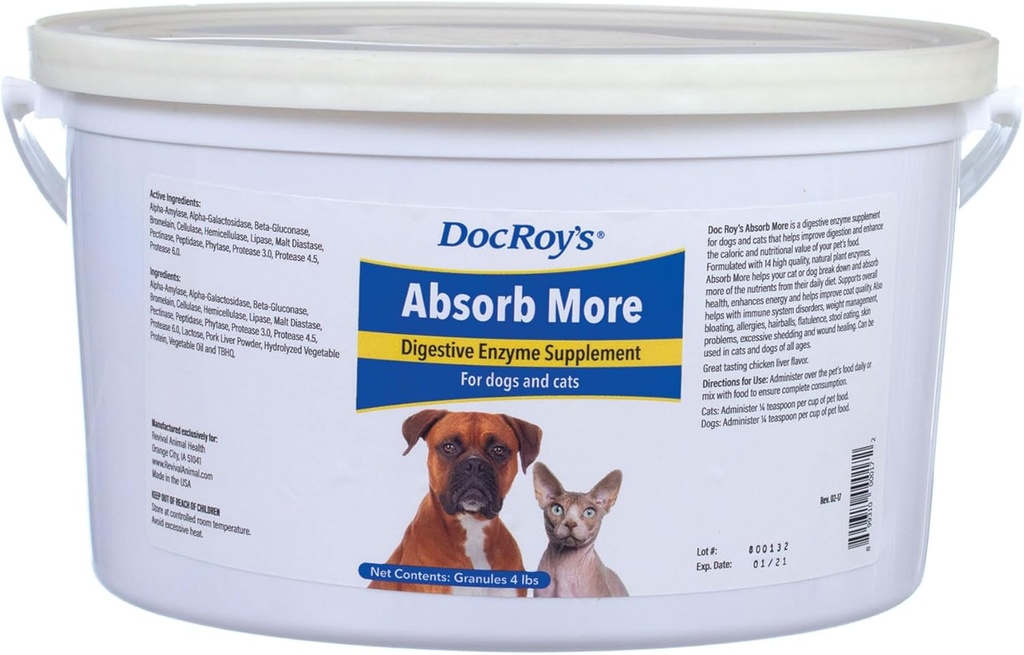 Doc Roy absorb More - Gremošanas enzīma papildinājums suņiem un kaķiem - 4lb Granulas