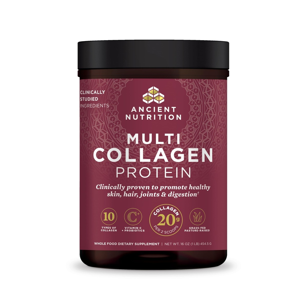 Ancient Nutrition kolagēna pulveris Proteīns ar probiotikām, Neuzliesmojošs Multi kolagēna proteīns ar C vitamīnu, 45 Kalpo, Hidrolizēts kolagēna peptīdi Atbalsta ādu un nagus, Gut Health, 16oz