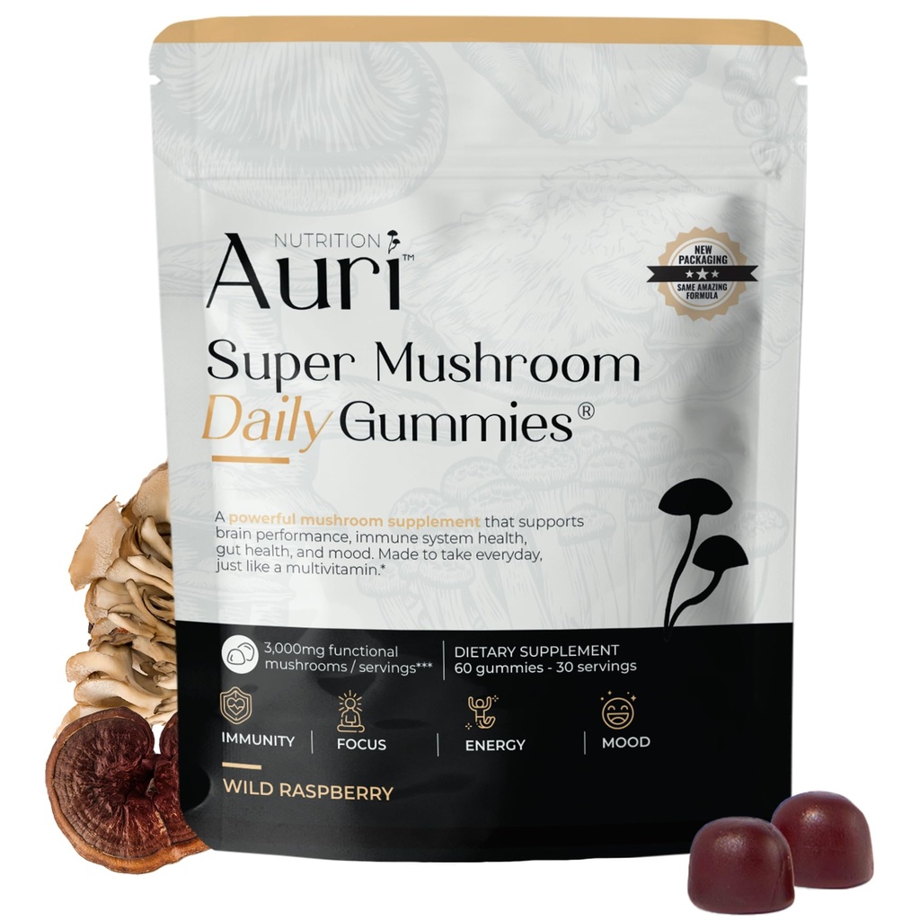 Auri Super Mushroom Daily Gummies - All-in-One Ikdienas Sēņu Papildinājums Gummy - 12 Mushroom Blend with Chaga, Lions Mane, Reishi, Cordyceps - 60 Gumijas