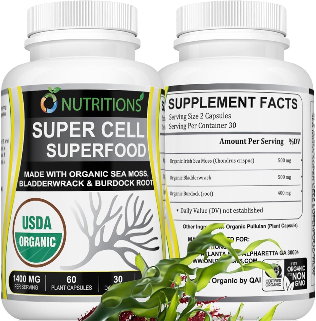 Sea Moss 60 Capsules USDA Certified Organic Irish Sea Moss Capsules with Bladderwrack & Burdock Root – Imūnās atbalsta papildinājums vīriešiem un sievietēm – Sievietes Vitamīni un vīrieši Vitamīni (1 iepakojums)