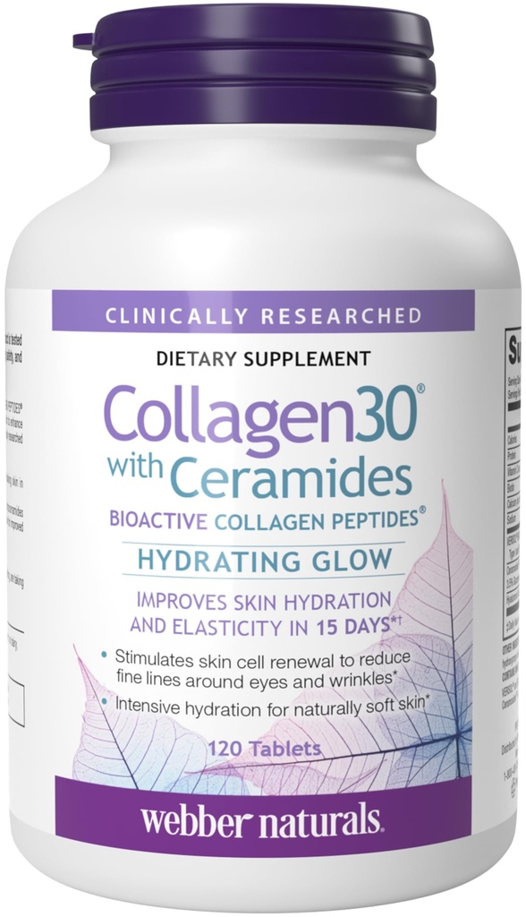 Webber Naturals Kolagēns30 ar keramīdiem, bioloģiski aktīvajiem kolagēna peptīdiem, 120 tabletēm, hidratingu, palīdz uzlabot ādas hidratāciju, elasticitāti un gludumu, ne ĢMO, bez piena un glutēna