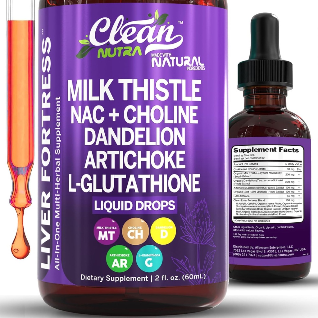 Tīrs Nutraceuticals Milk Datetle NAC Aknas attīra Detox & remonta papildinājums Aknu atbalsts Šķidrie pilieni ar Dandelion ekstraktu, Artichoke, Chanca Piedra, Holīns, L-glutations, Bērds, Schisandra
