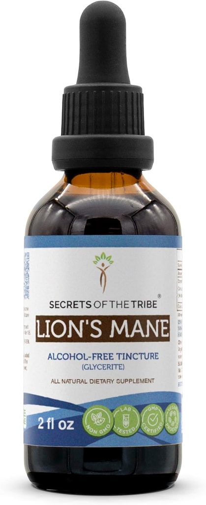 Noslēpumi no tribes lauvas manē Alkohola beztinktūras ekstrakts, Lion's Mane (Hericium erinaceus) Kaltētu sēņu Tincture papildinājums (2 fl oz)