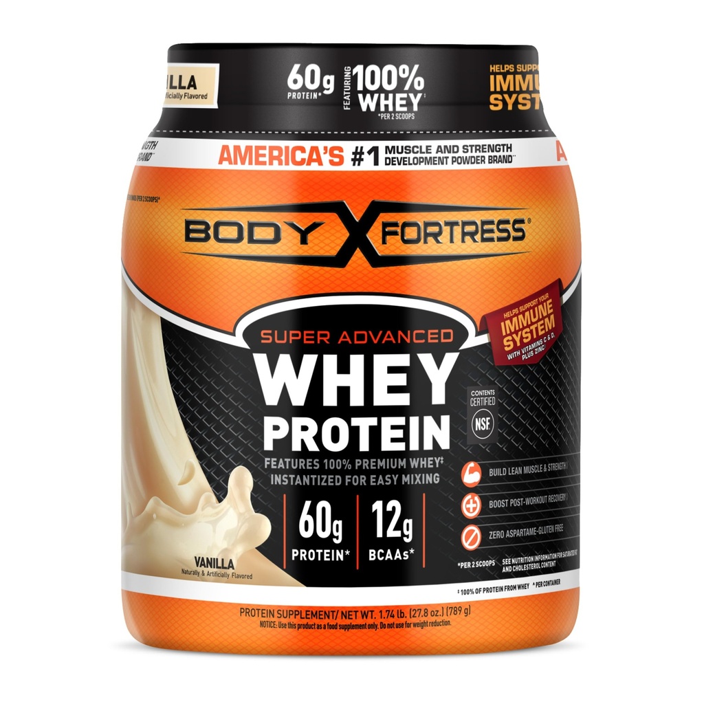 Body Fortress Super Advanced Whey Protein Pulveris, Vanilla, Imūnsupport (1) Vitamīni C & D Plus Cinka, 1.74 mārciņas